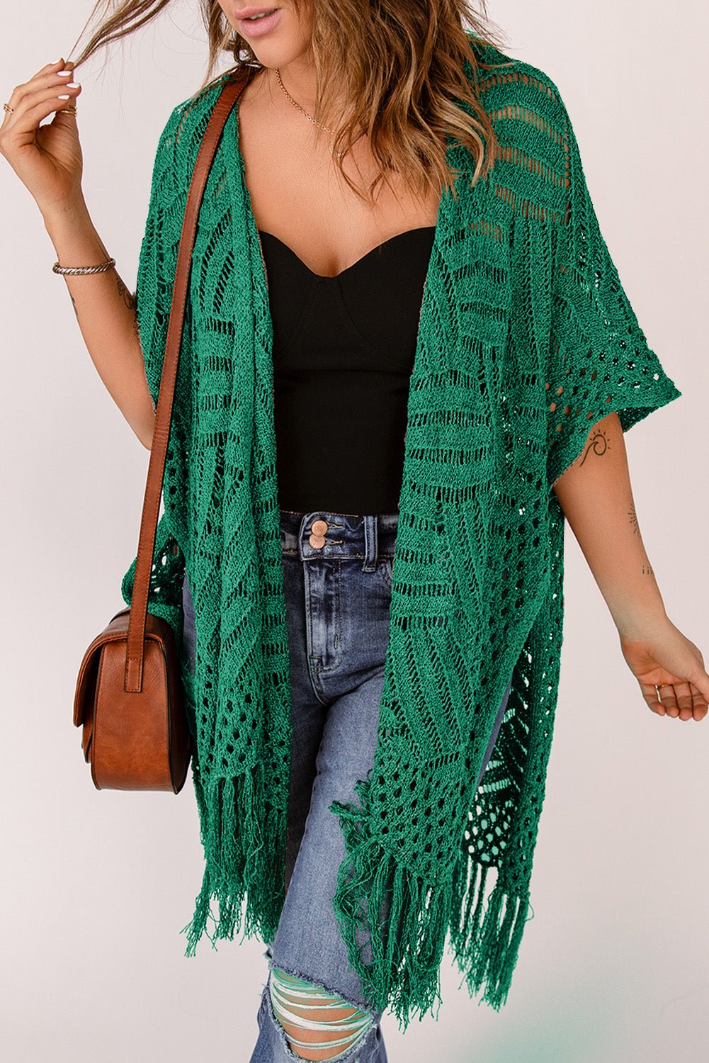 Openwork Open Front Cardigan with Fringes - Luminous Bear