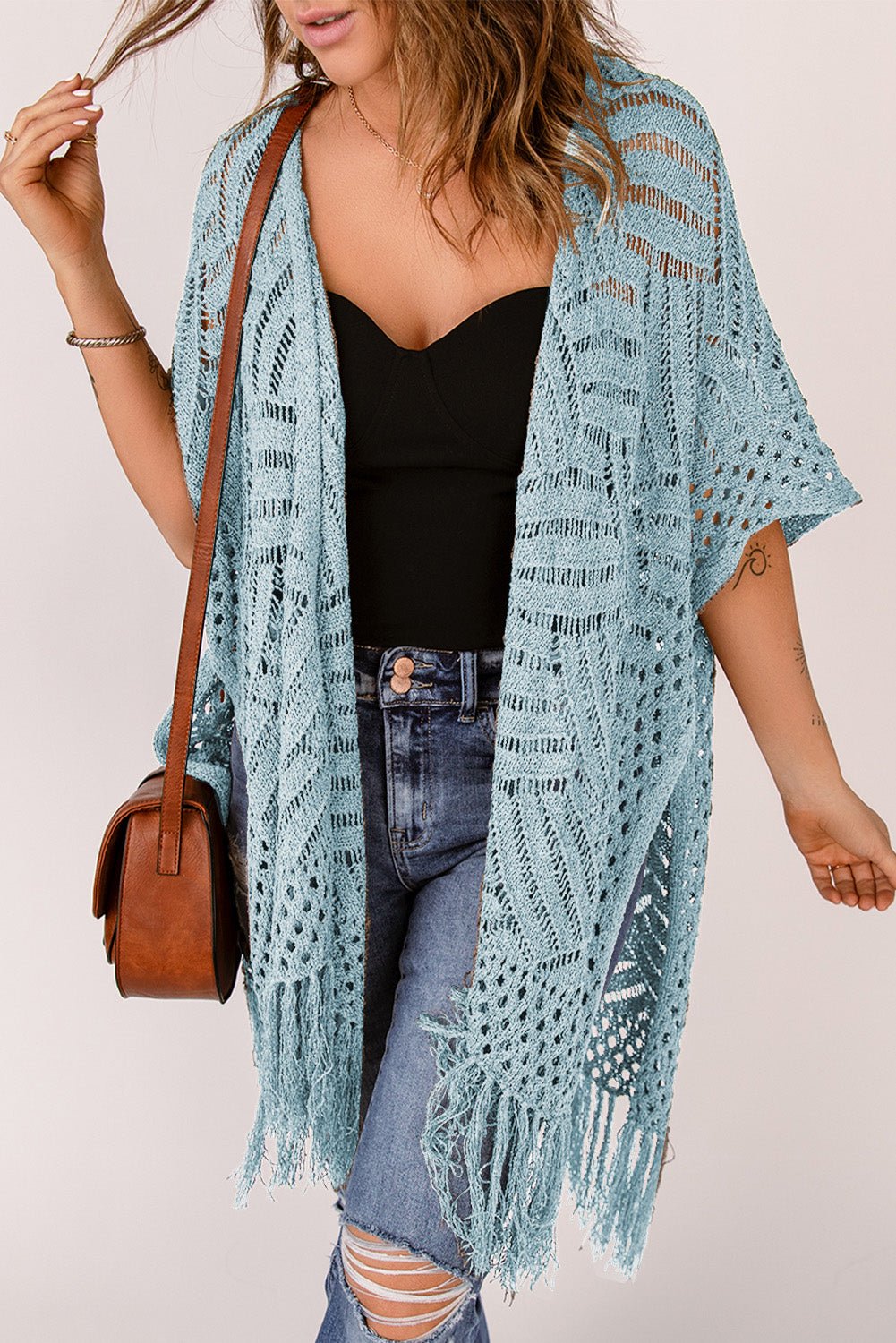 Openwork Open Front Cardigan with Fringes - Luminous Bear