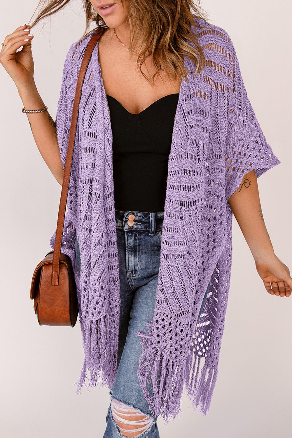Openwork Open Front Cardigan with Fringes - Luminous Bear