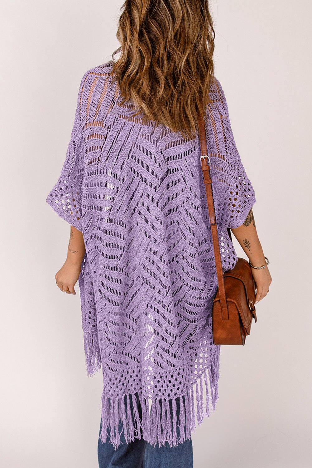 Openwork Open Front Cardigan with Fringes - Luminous Bear