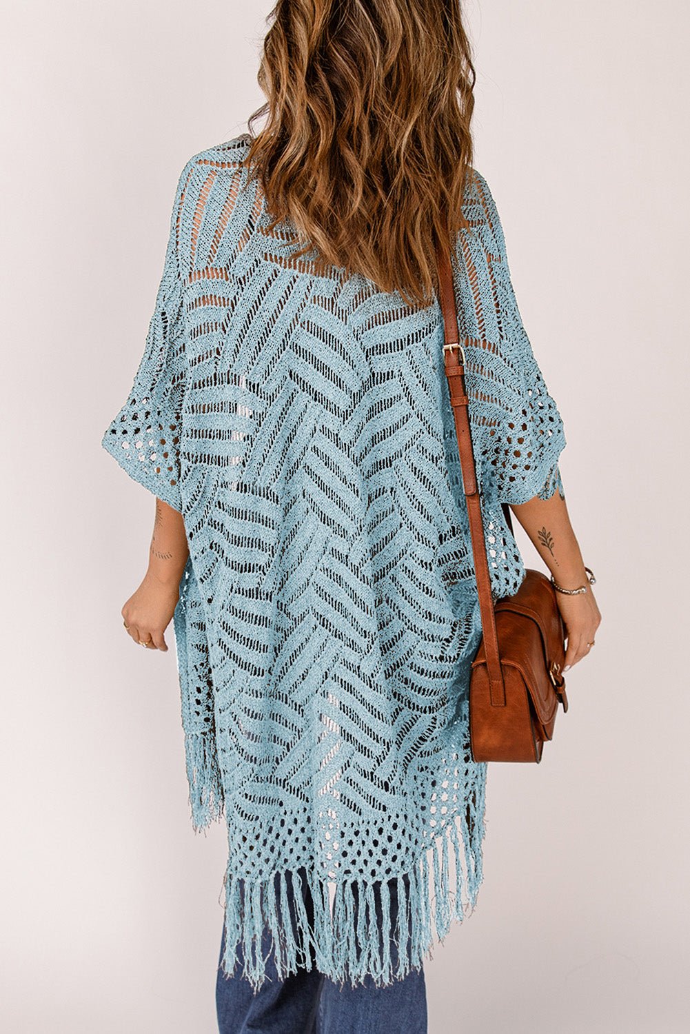 Openwork Open Front Cardigan with Fringes - Luminous Bear