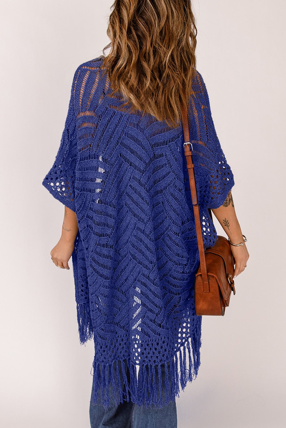 Openwork Open Front Cardigan with Fringes - Luminous Bear