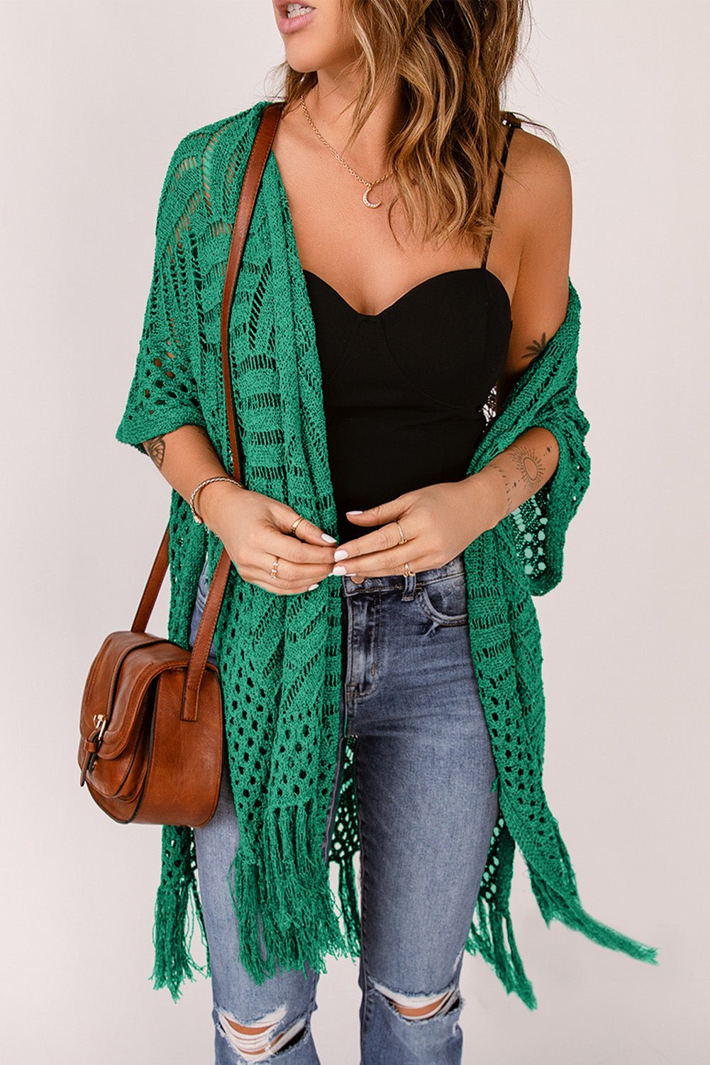 Openwork Open Front Cardigan with Fringes - Luminous Bear
