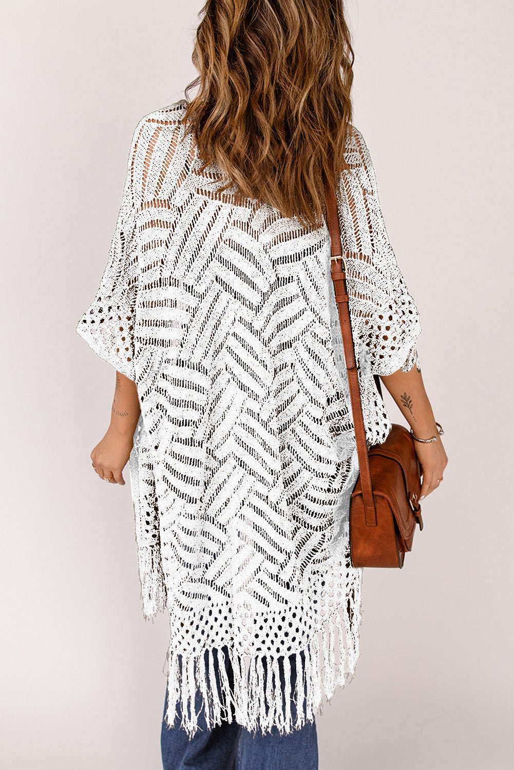 Openwork Open Front Cardigan with Fringes - Luminous Bear