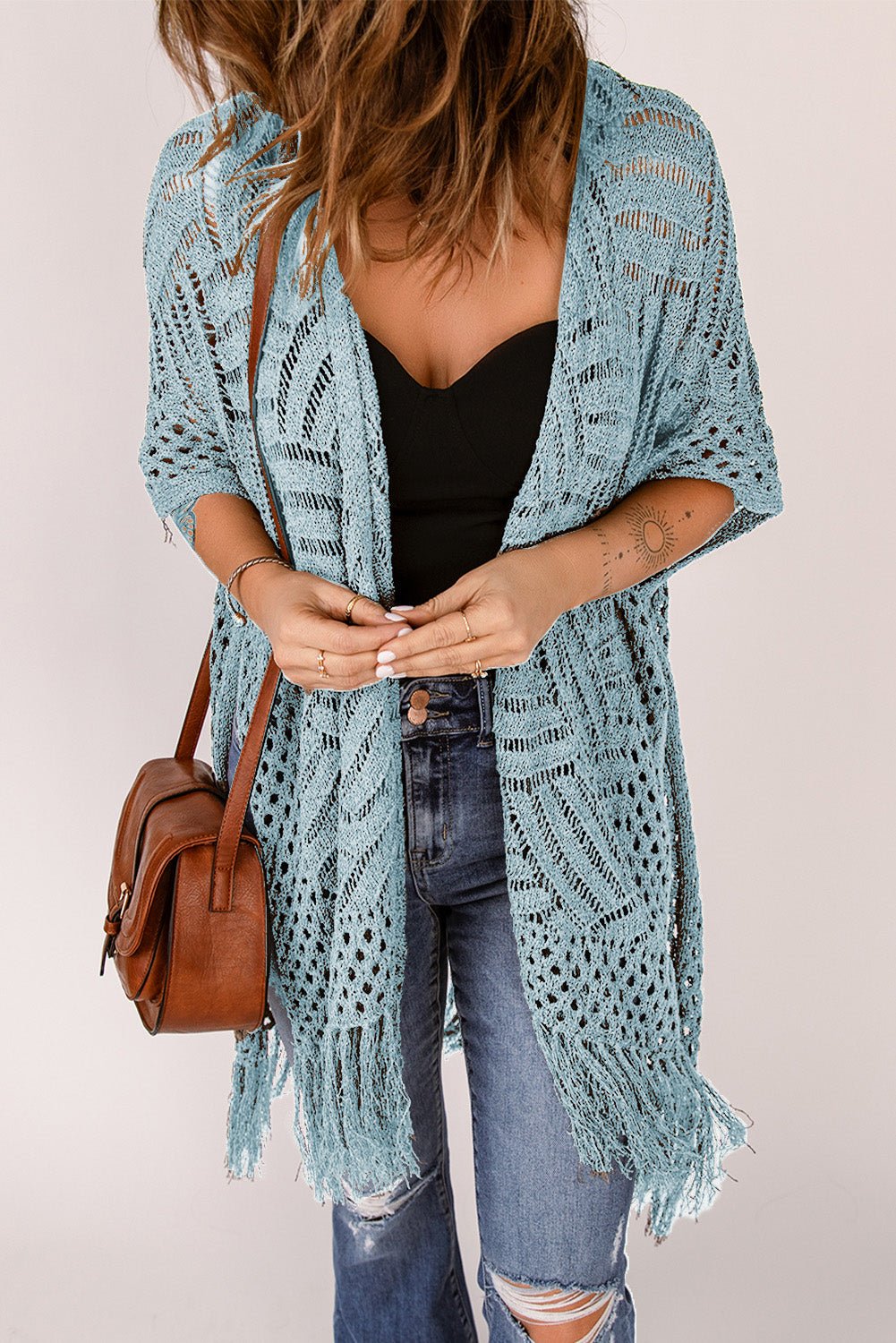 Openwork Open Front Cardigan with Fringes - Luminous Bear