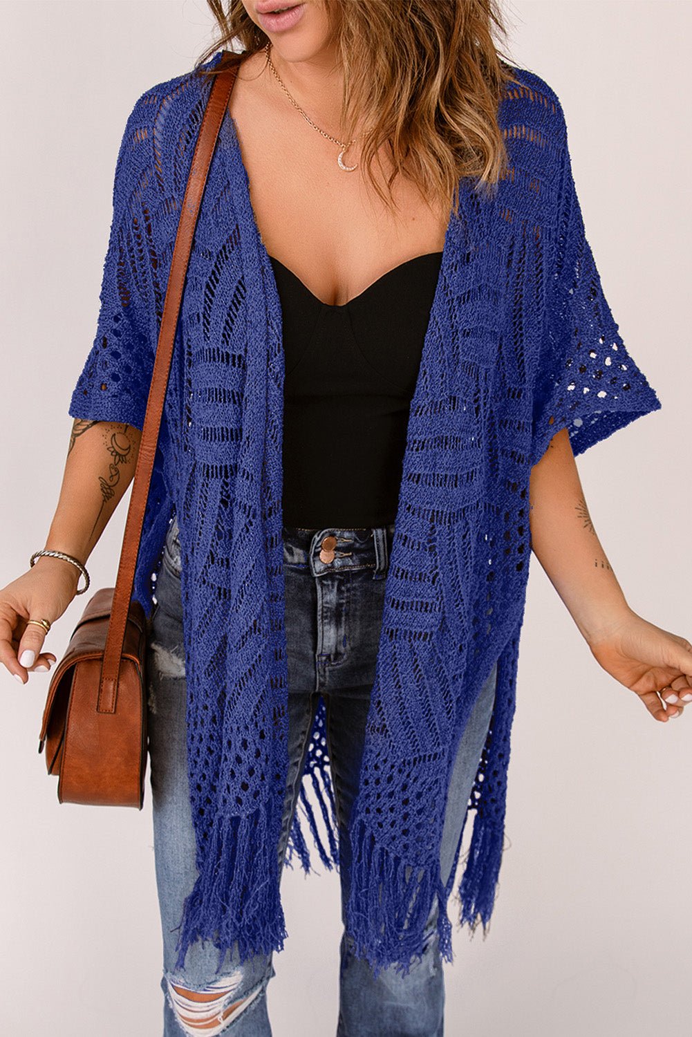 Openwork Open Front Cardigan with Fringes - Luminous Bear