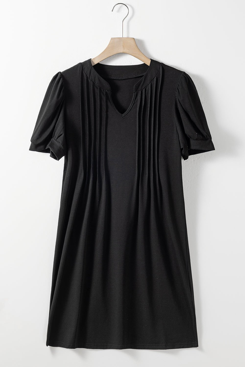Pin-Tuck Notched Short Sleeve Dress - Luminous Bear