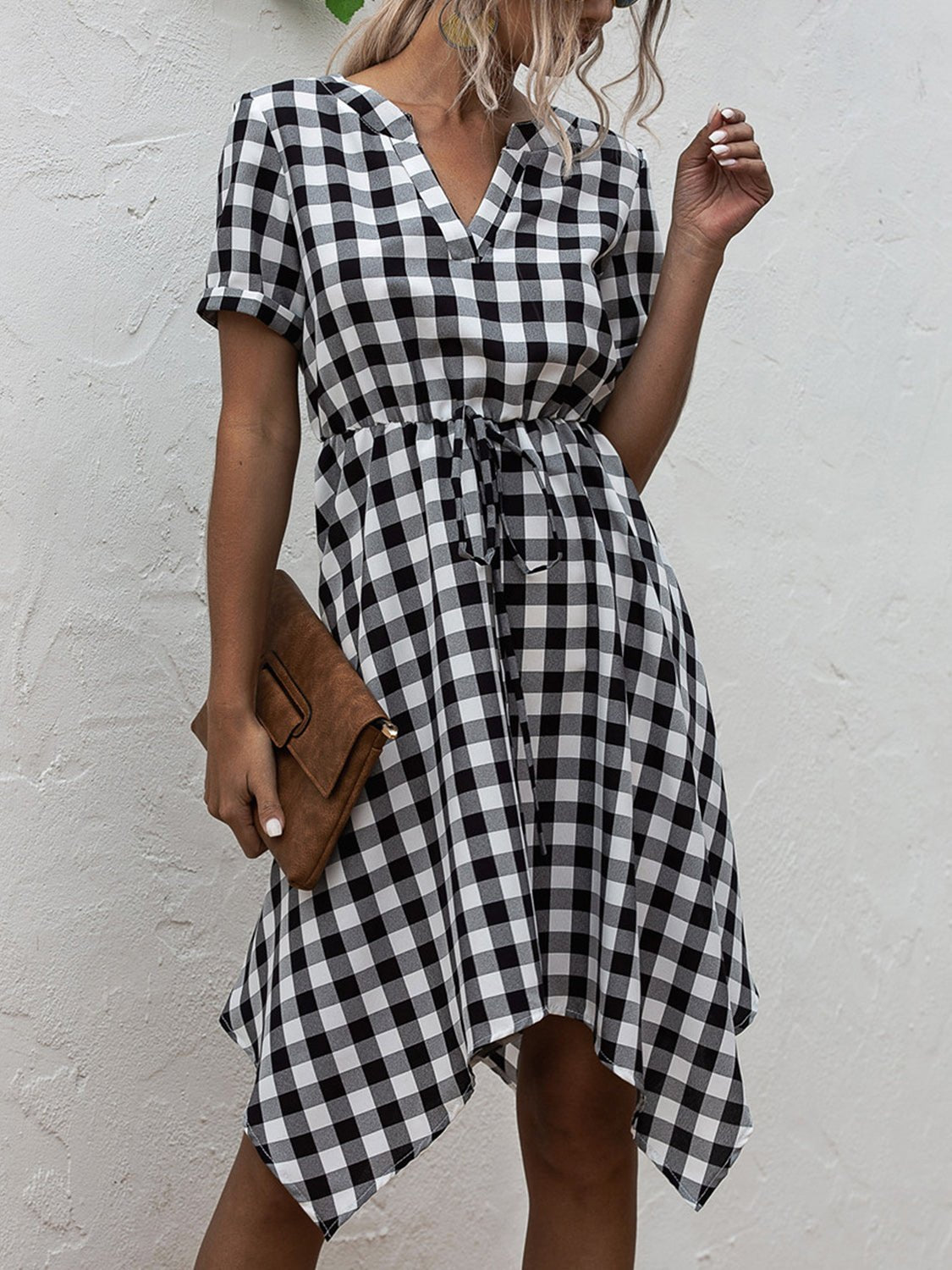Plaid Notched Short Sleeve Dress - Luminous Bear