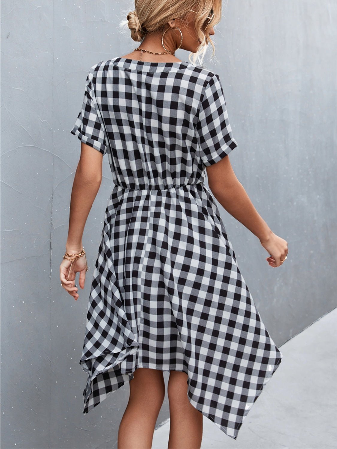 Plaid Notched Short Sleeve Dress - Luminous Bear