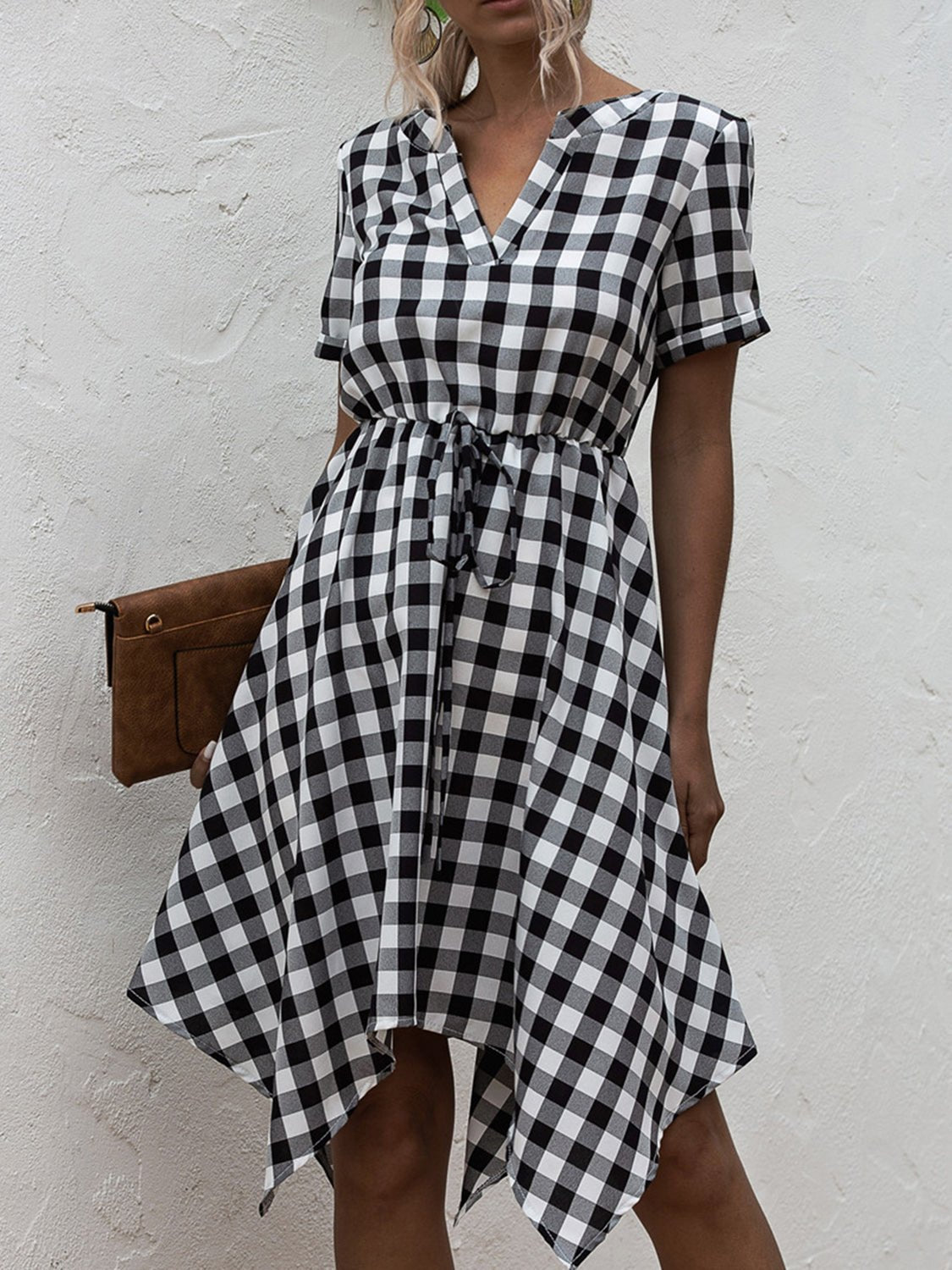 Plaid Notched Short Sleeve Dress - Luminous Bear