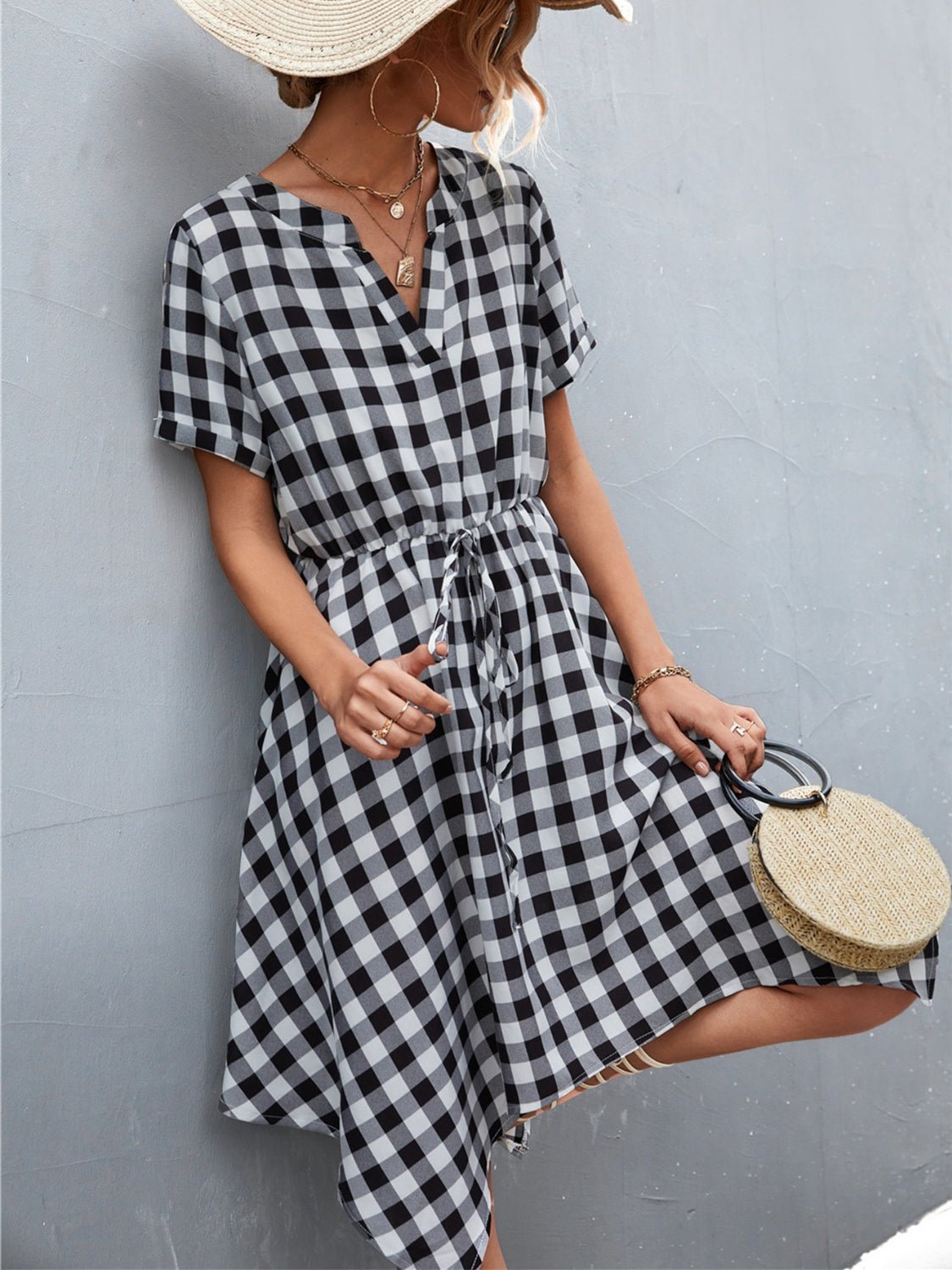 Plaid Notched Short Sleeve Dress - Luminous Bear