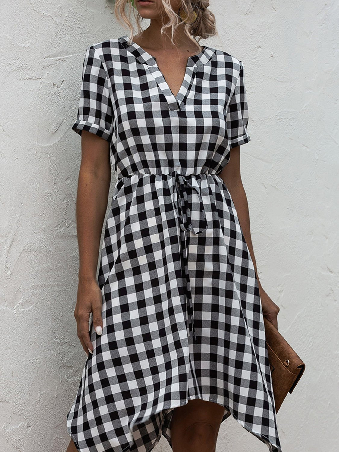 Plaid Notched Short Sleeve Dress - Luminous Bear
