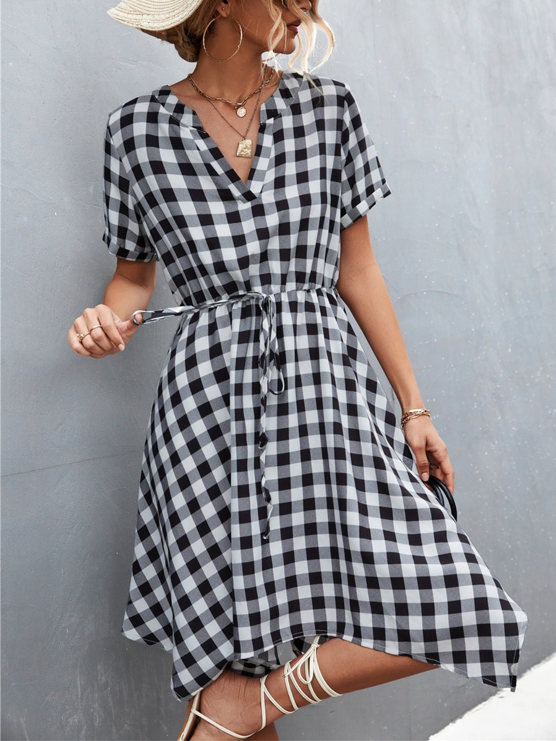 Plaid Notched Short Sleeve Dress - Luminous Bear