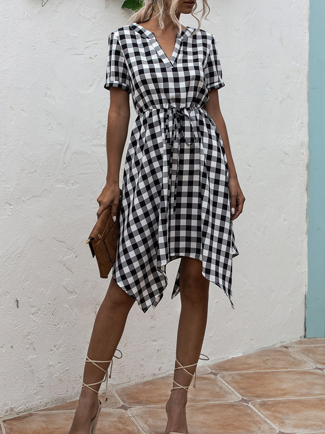 Plaid Notched Short Sleeve Dress - Luminous Bear