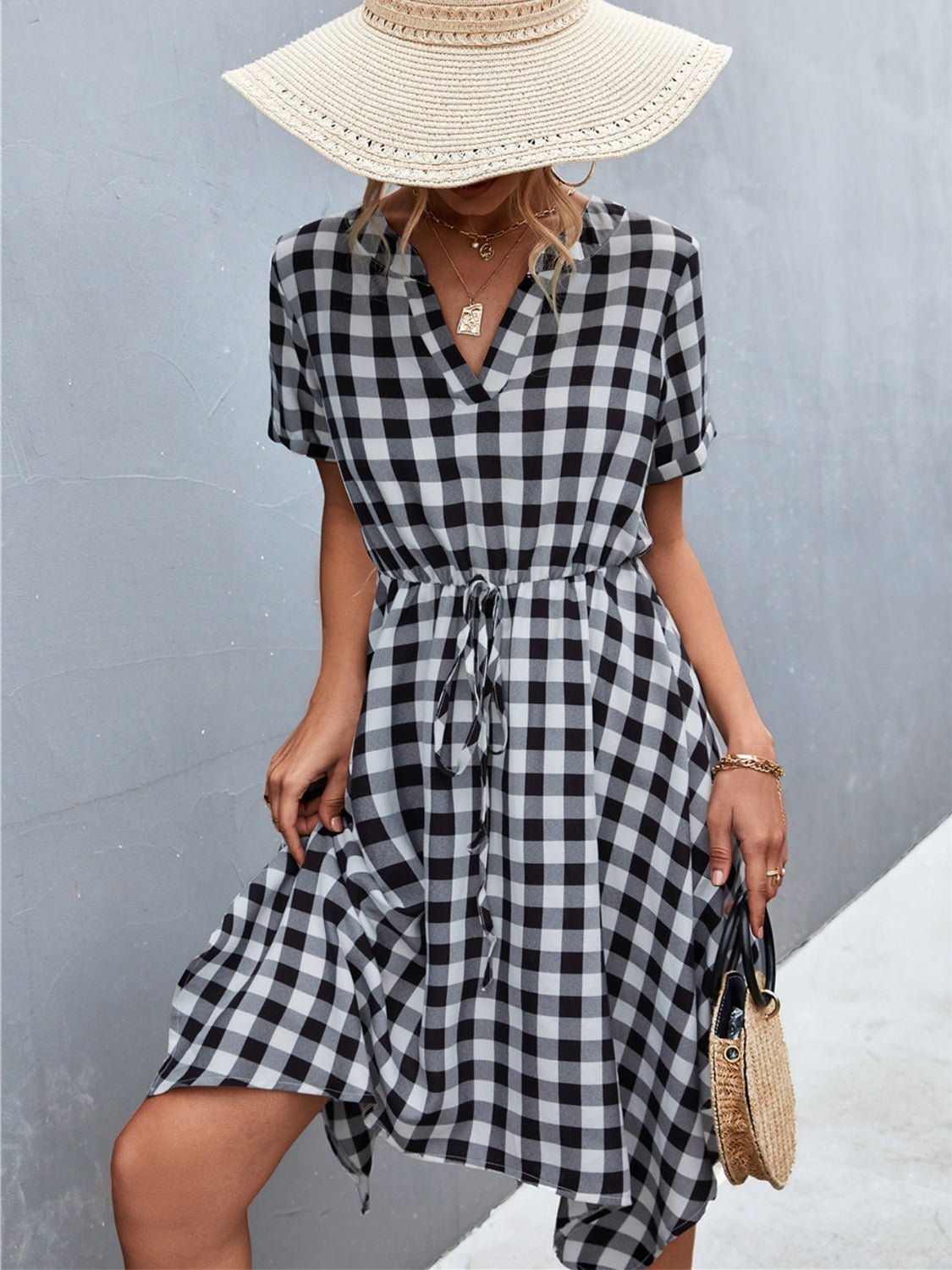 Plaid Notched Short Sleeve Dress - Luminous Bear
