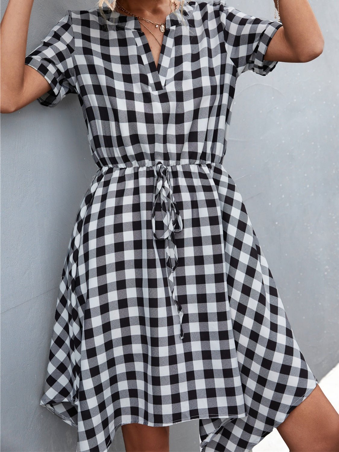 Plaid Notched Short Sleeve Dress - Luminous Bear