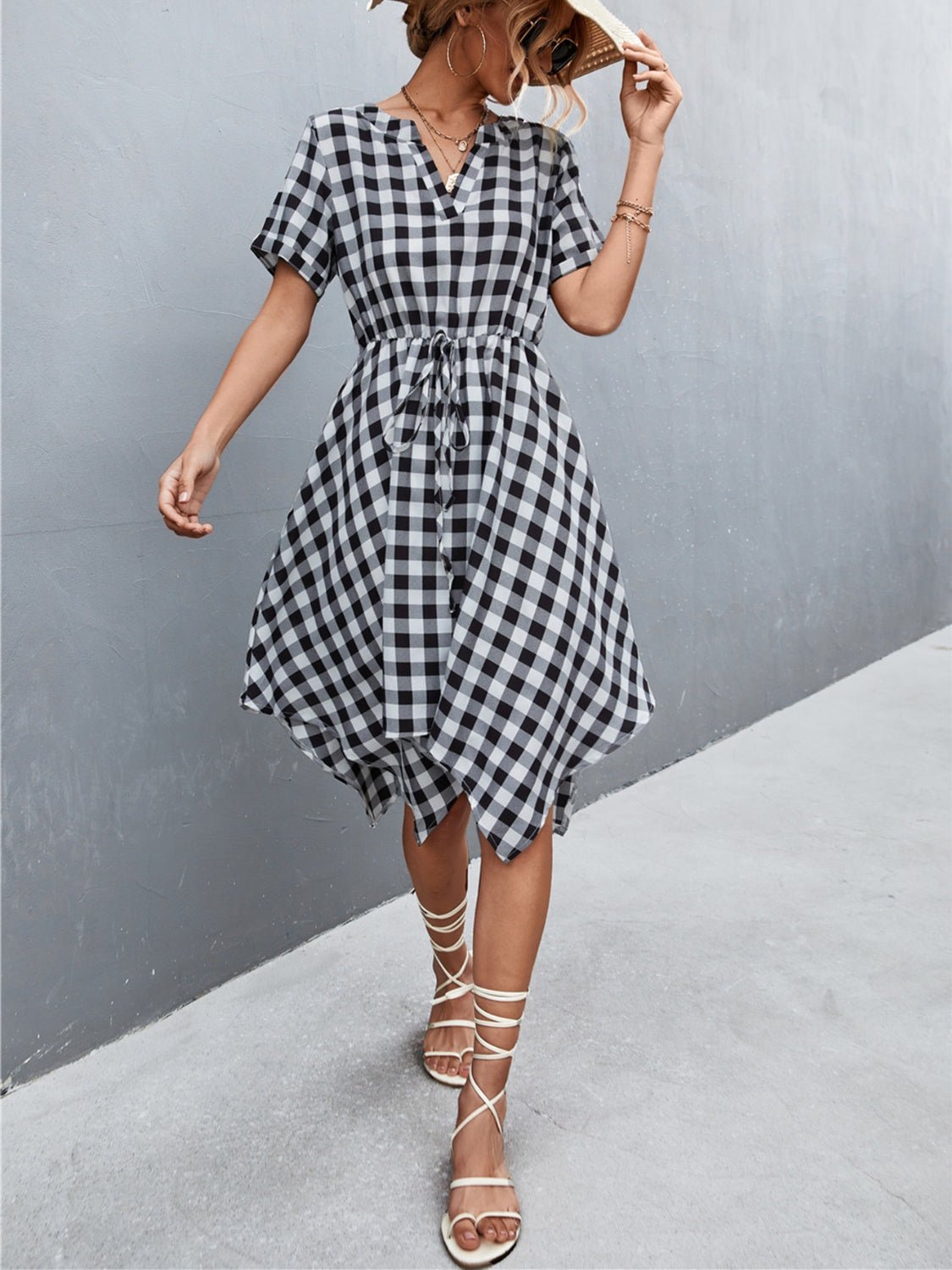 Plaid Notched Short Sleeve Dress - Luminous Bear