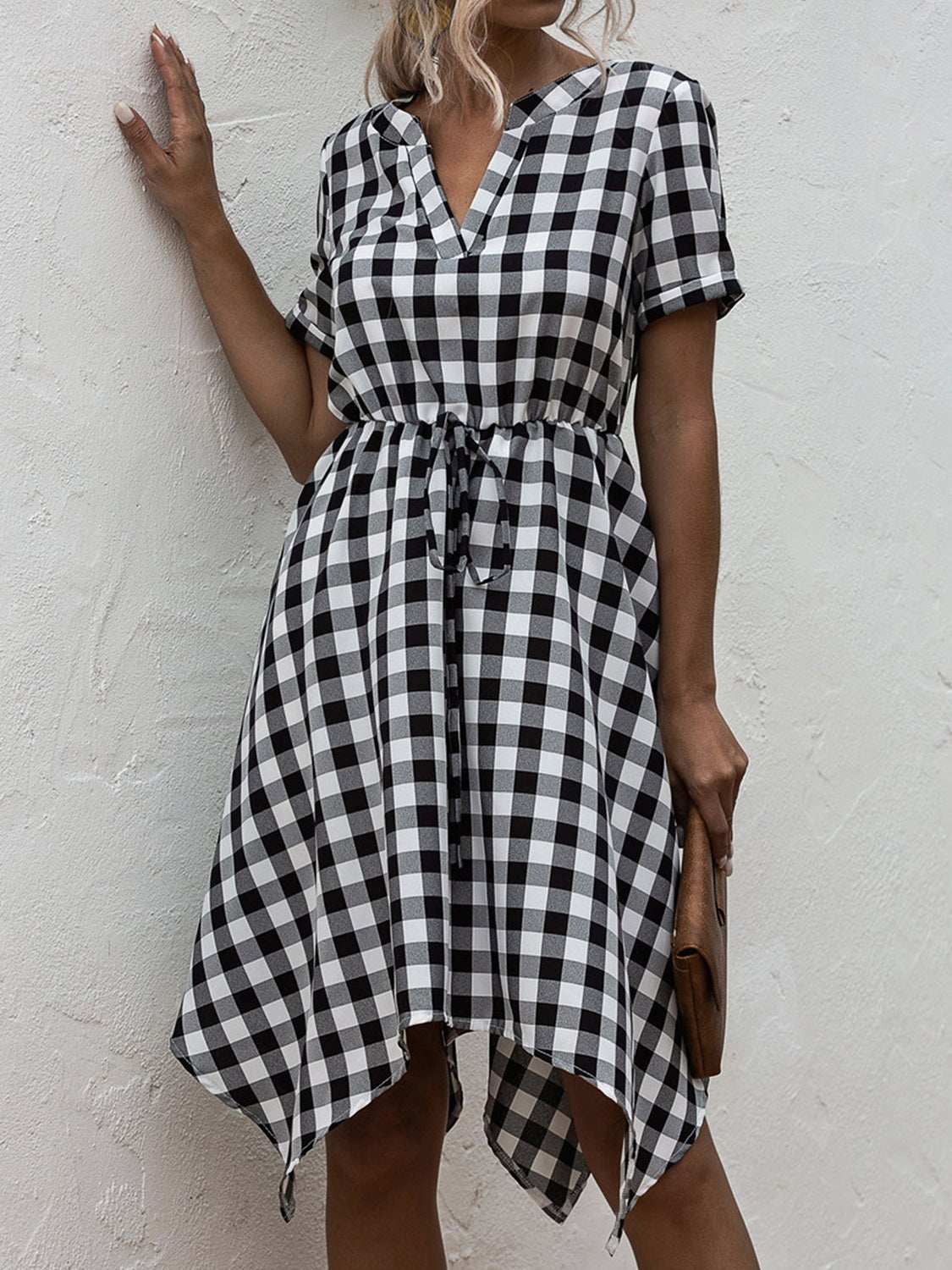 Plaid Notched Short Sleeve Dress - Luminous Bear