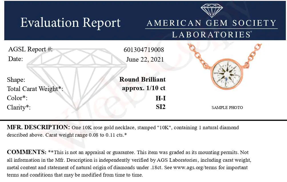 AGS Certified 10K Gold Bezel Set Round Diamond Solitaire 16-18" Adjustable Pendant Necklace (H-I Color, SI1-SI2 Clarity) - Luminous Bear Shop