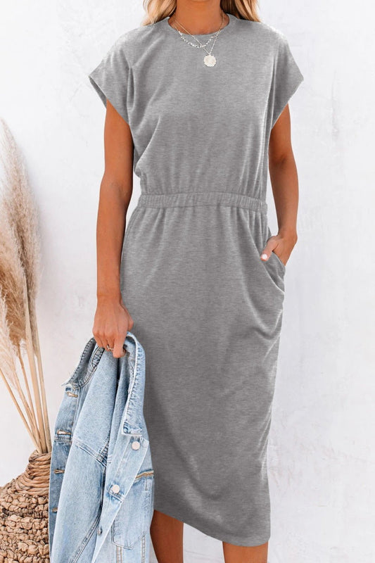 Pocketed Round Neck Cap Sleeve Dress - Luminous Bear