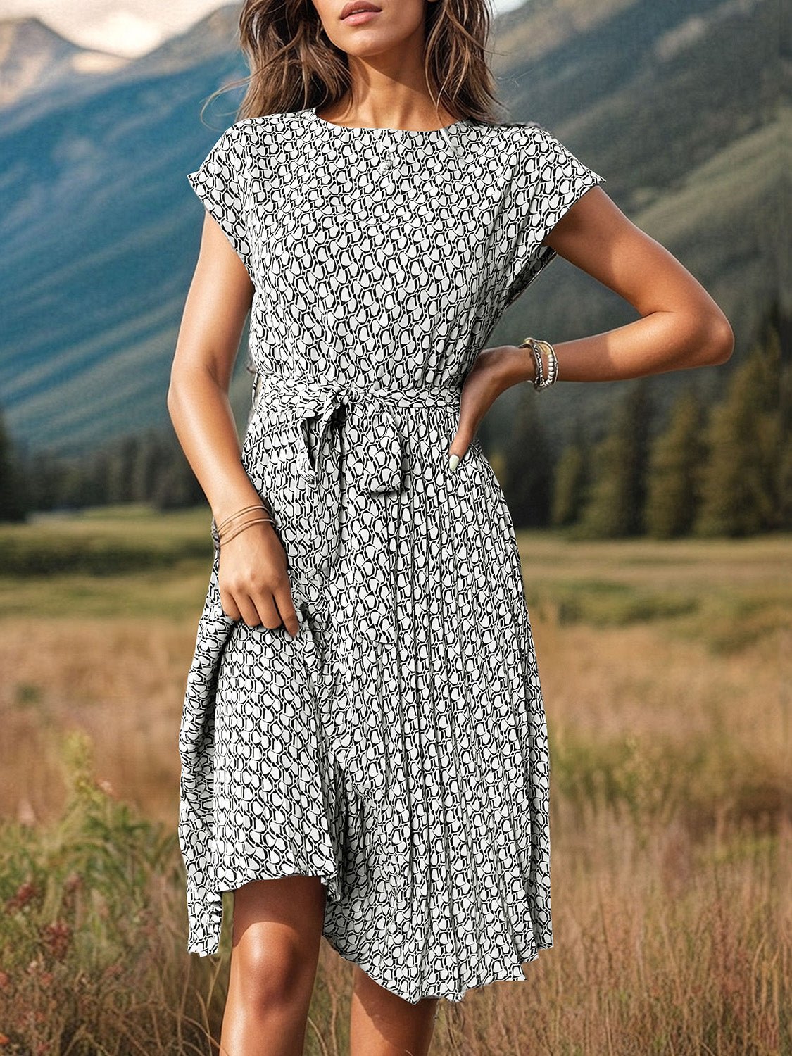 Printed Cap Sleeve Tie Waist Dress - Luminous Bear