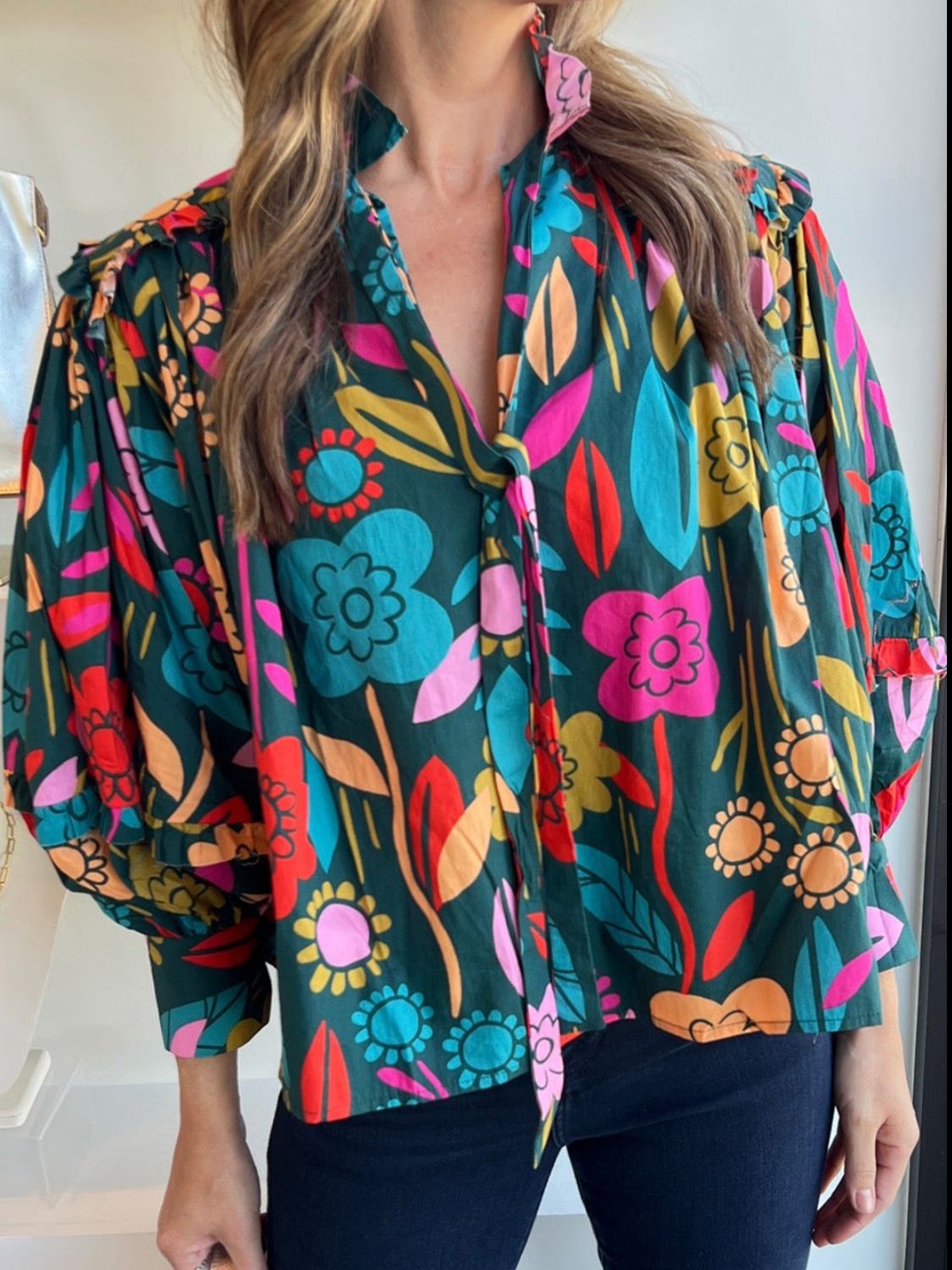 Printed Lantern Sleeve Blouse - Luminous Bear