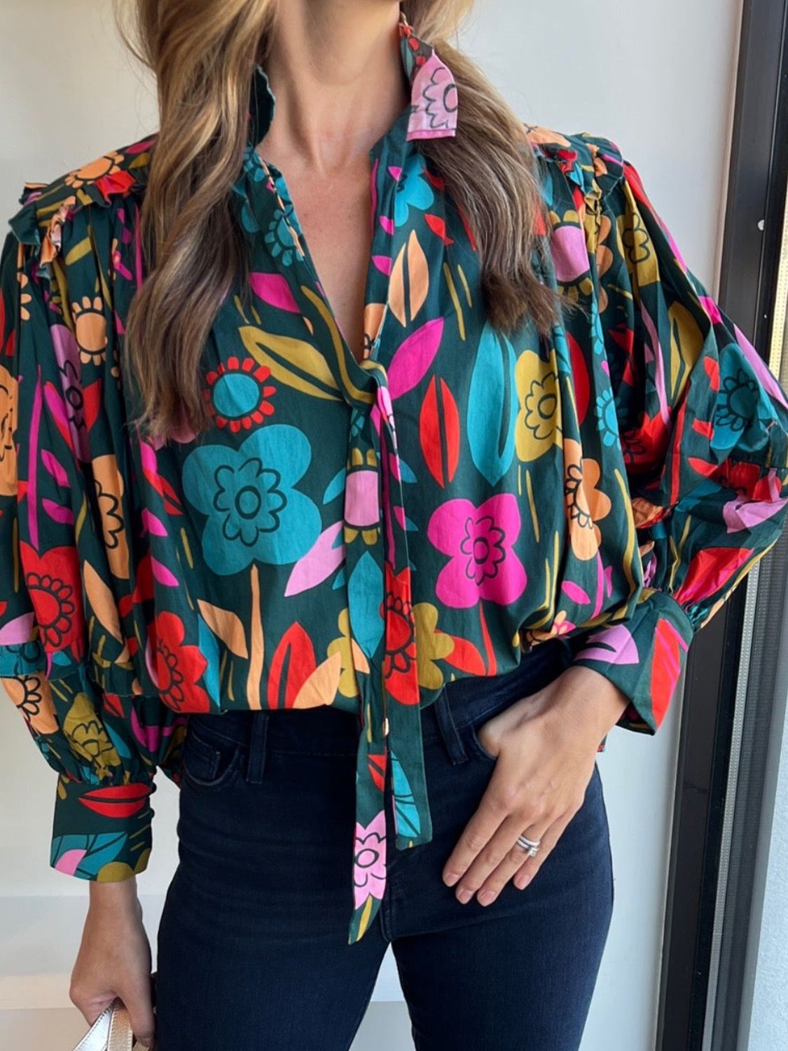 Printed Lantern Sleeve Blouse - Luminous Bear
