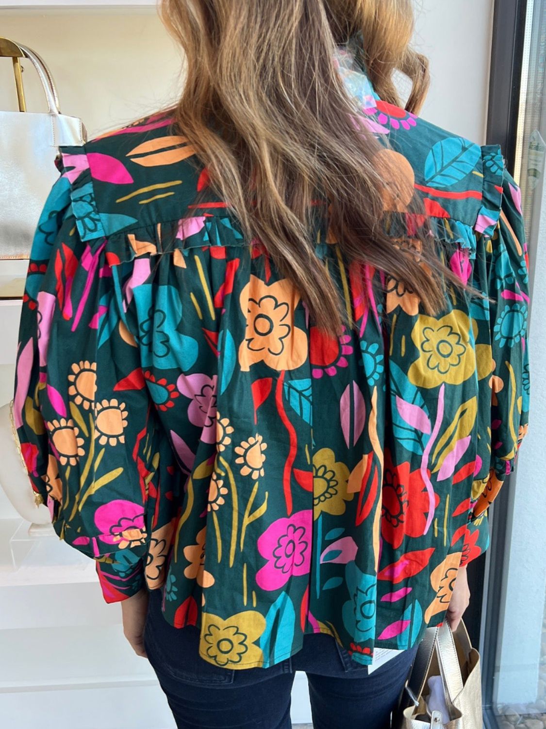 Printed Lantern Sleeve Blouse - Luminous Bear