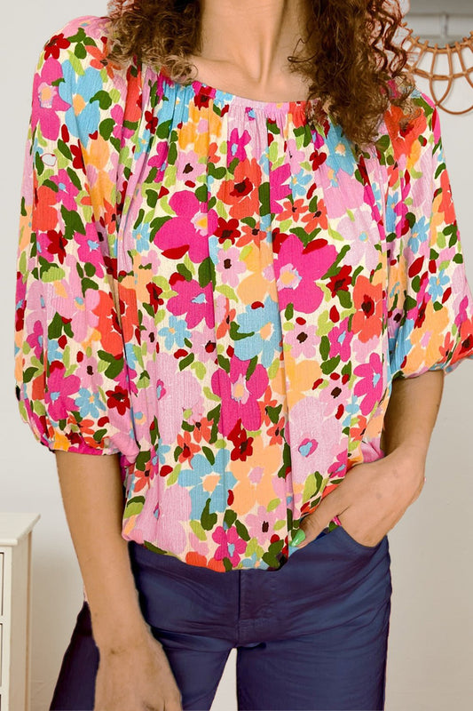 Printed Round Neck Half Sleeve Blouse - Luminous Bear
