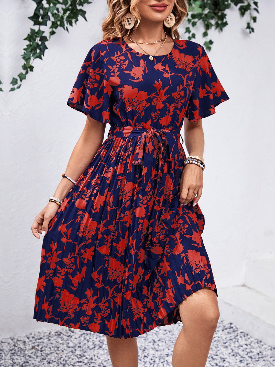 Printed Round Neck Short Sleeve Dress - Luminous Bear