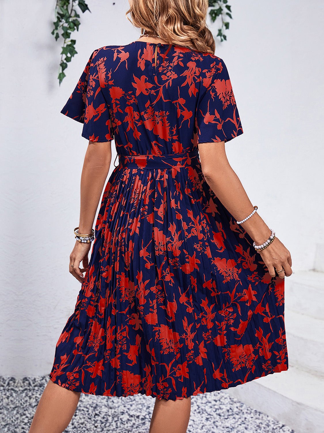 Printed Round Neck Short Sleeve Dress - Luminous Bear