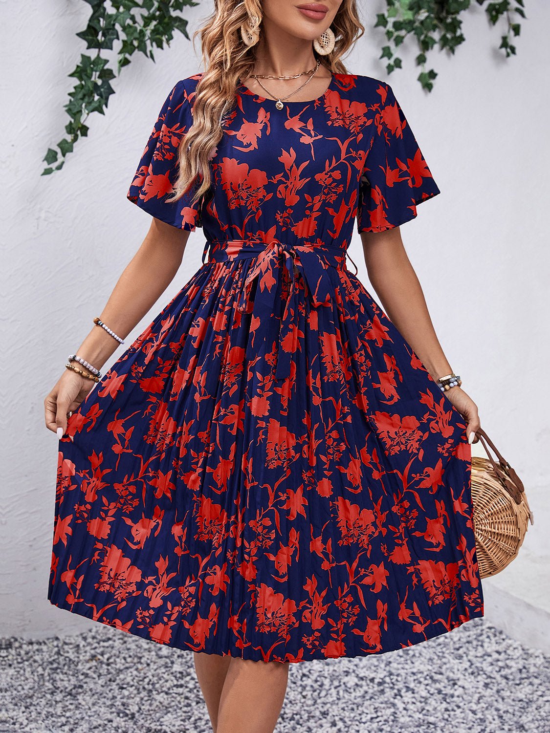 Printed Round Neck Short Sleeve Dress - Luminous Bear