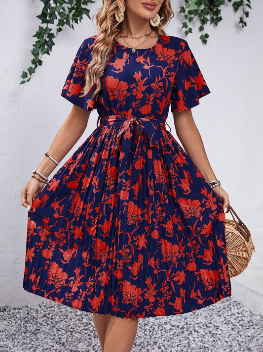 Printed Round Neck Short Sleeve Dress - Luminous Bear