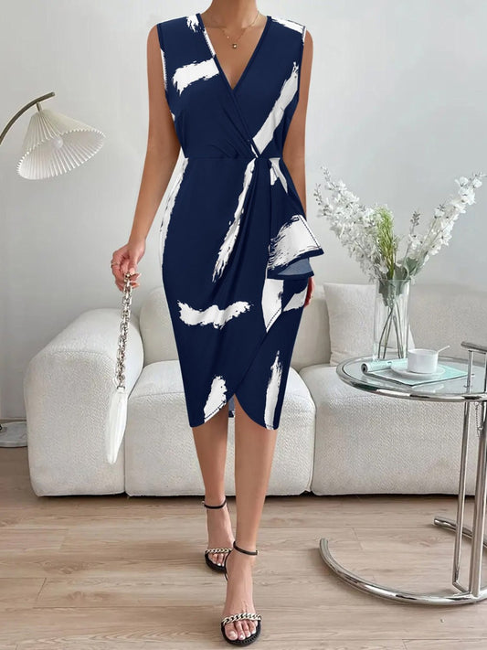 Printed Surplice Sleeveless Knee Length Dress - Luminous Bear