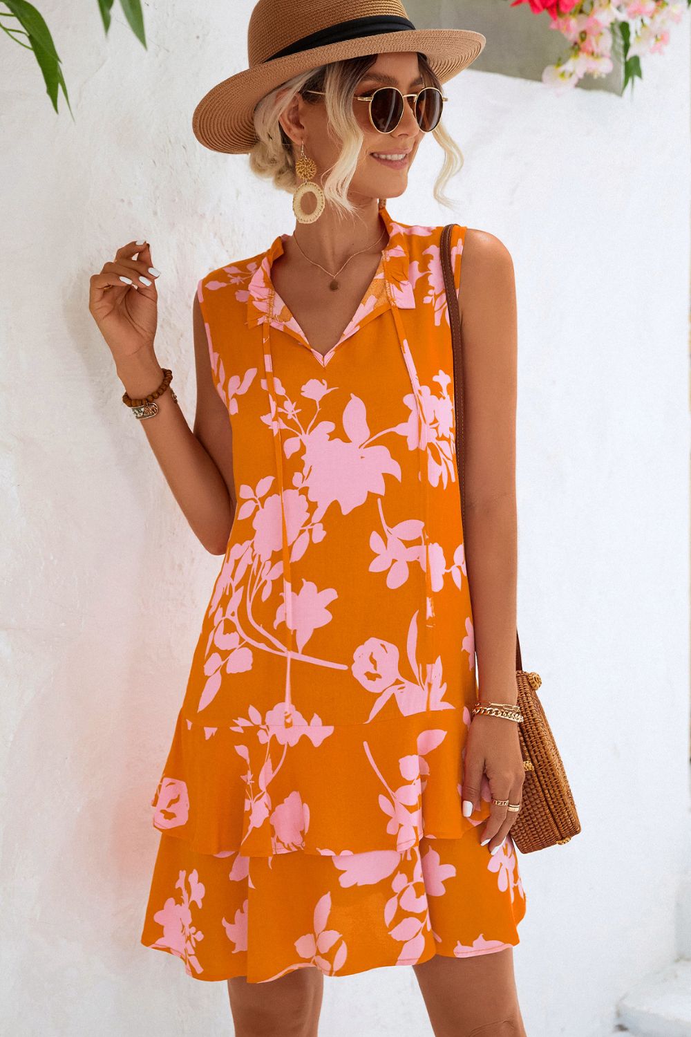 Printed Tie Neck Sleeveless Dress - Luminous Bear