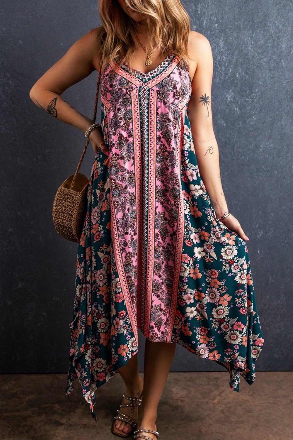 Printed V-Neck Midi Cami Dress - Luminous Bear