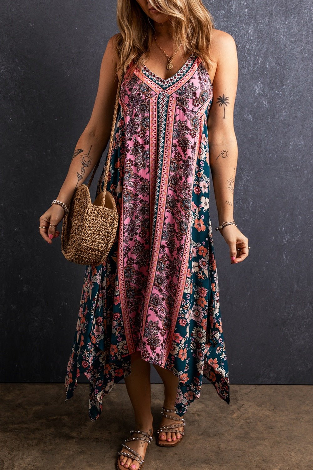 Printed V-Neck Midi Cami Dress - Luminous Bear