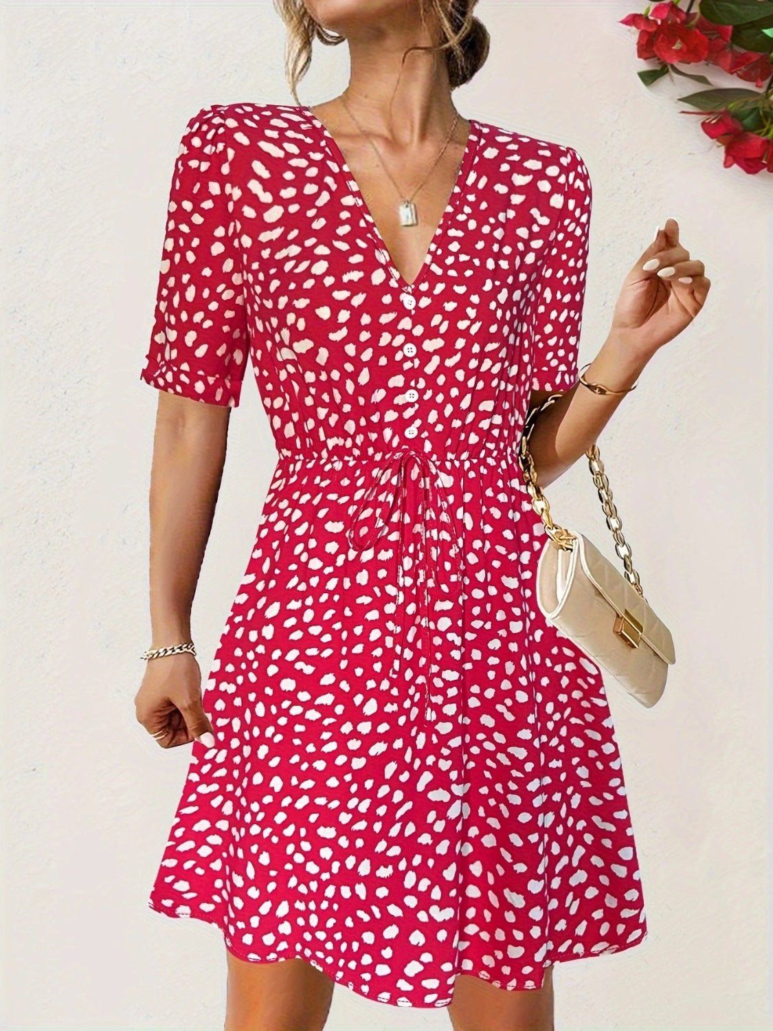 Printed V-Neck Short Sleeve Mini Dress - Luminous Bear