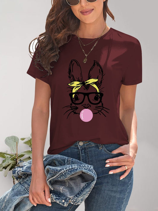 Rabbit Graphic Round Neck Short Sleeve T-Shirt - Luminous Bear