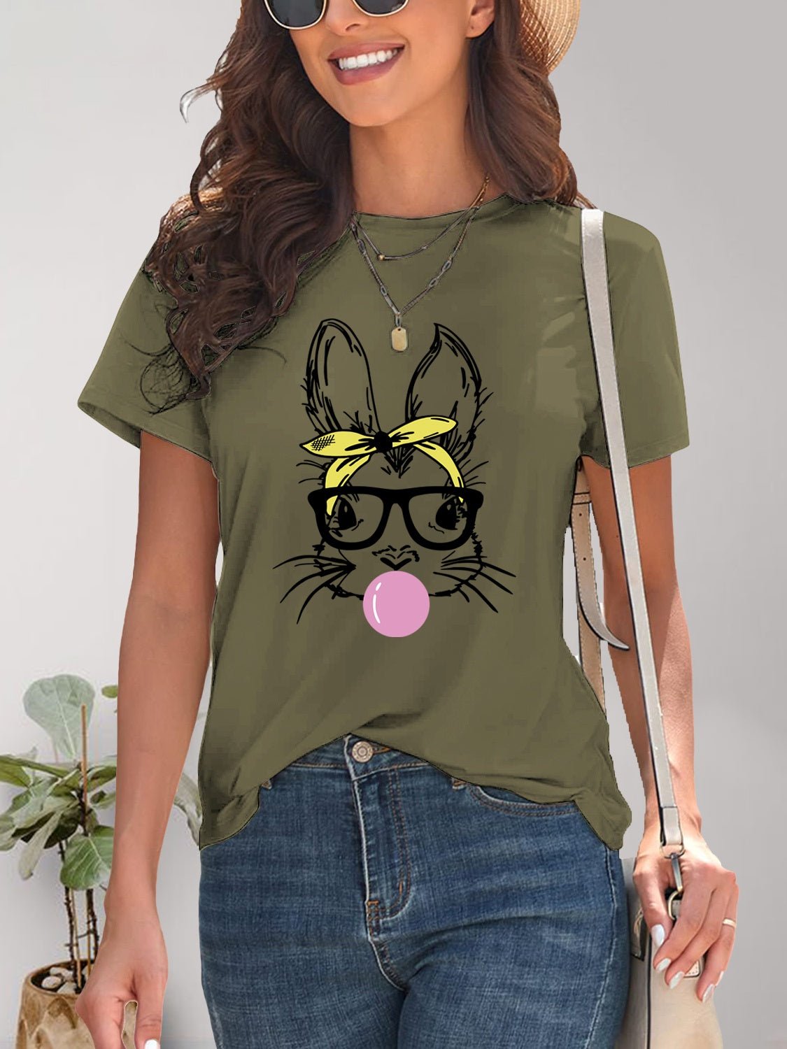 Rabbit Graphic Round Neck Short Sleeve T-Shirt - Luminous Bear