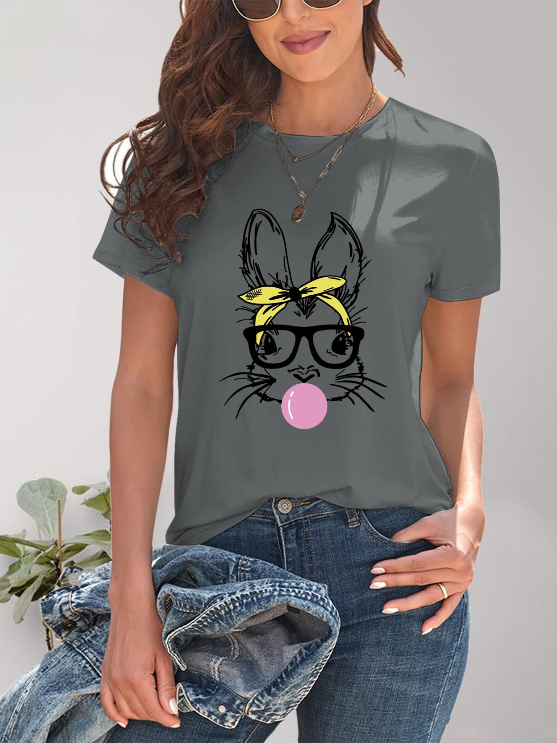 Rabbit Graphic Round Neck Short Sleeve T-Shirt - Luminous Bear