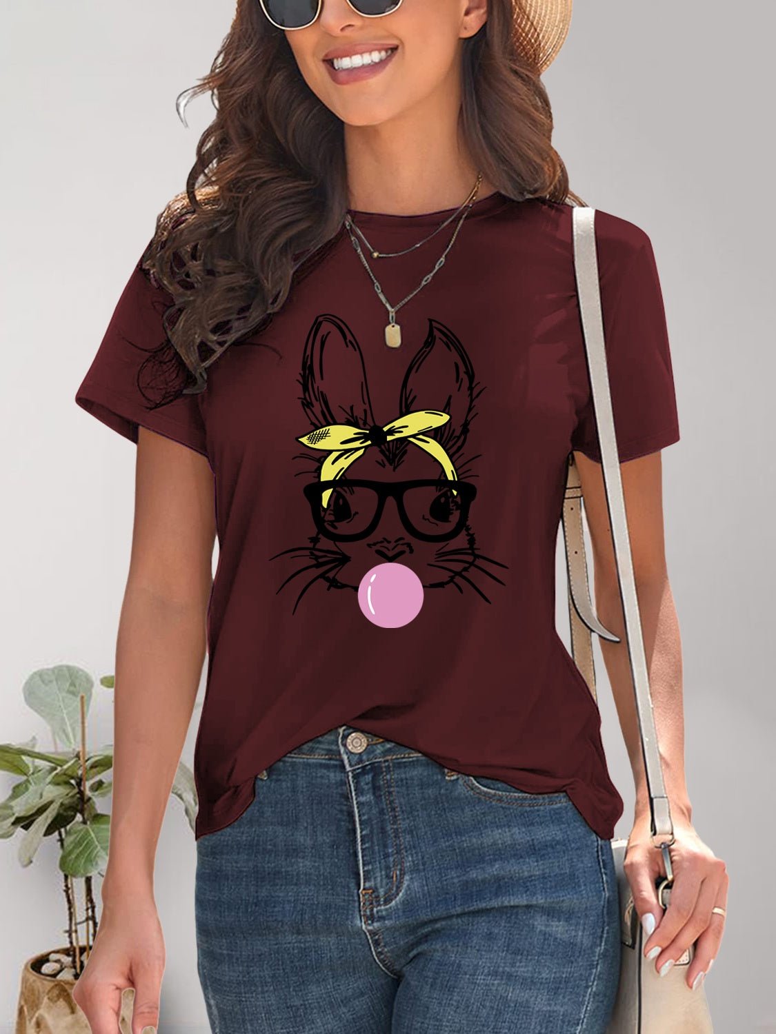 Rabbit Graphic Round Neck Short Sleeve T-Shirt - Luminous Bear