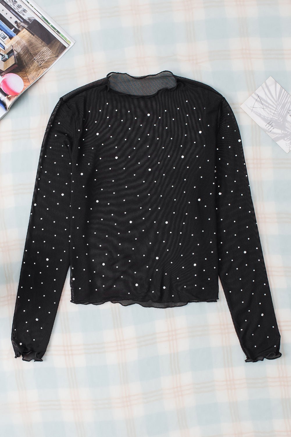 Rhinestone Round Neck Long Sleeve Blouse - Luminous Bear