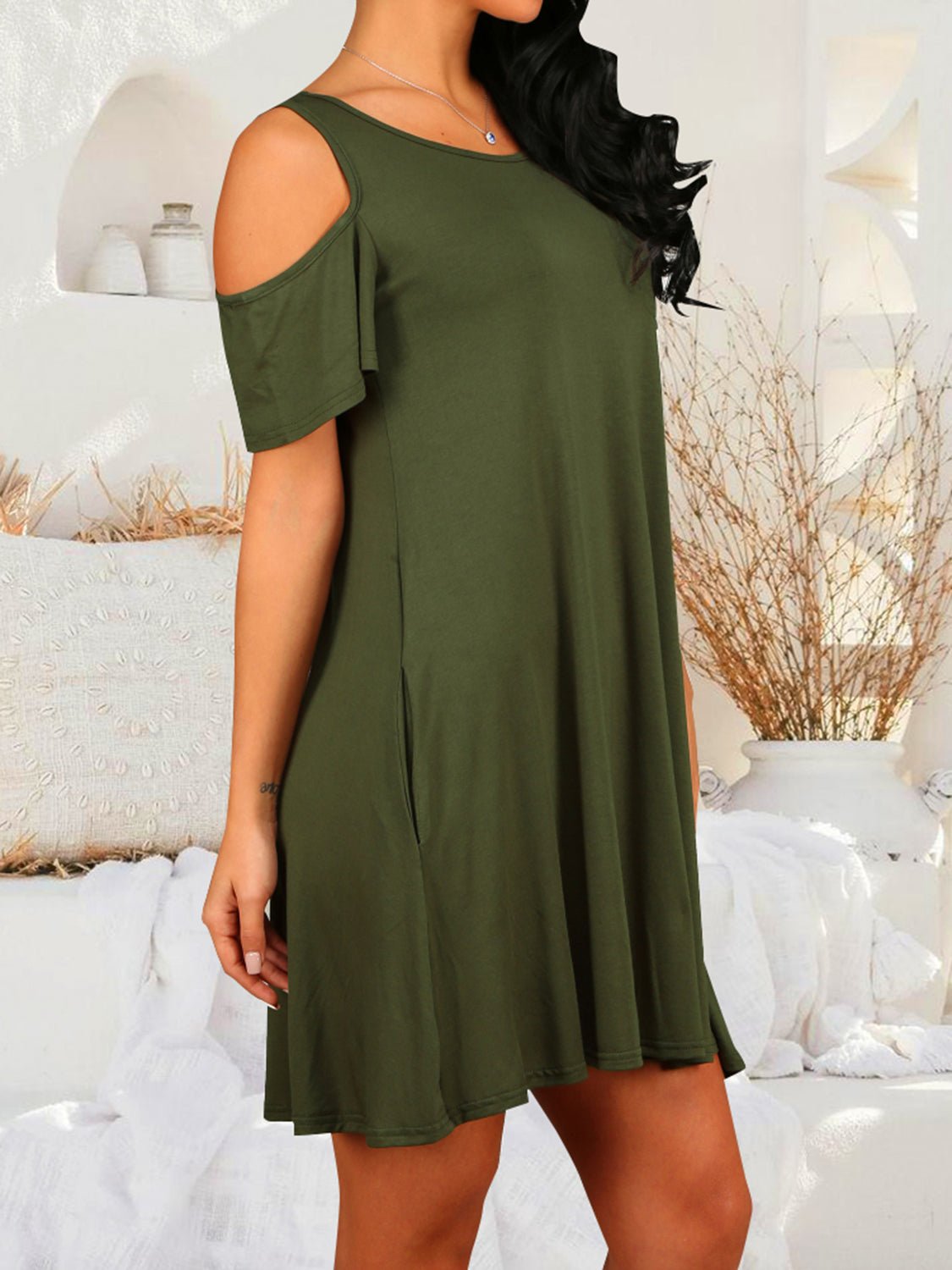 Round Neck Cold Shoulder Short Sleeve Dress - Luminous Bear