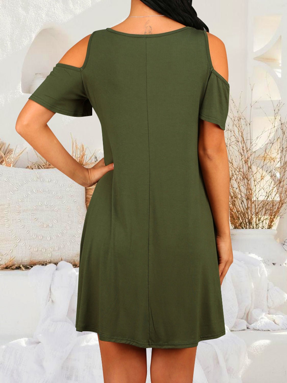Round Neck Cold Shoulder Short Sleeve Dress - Luminous Bear