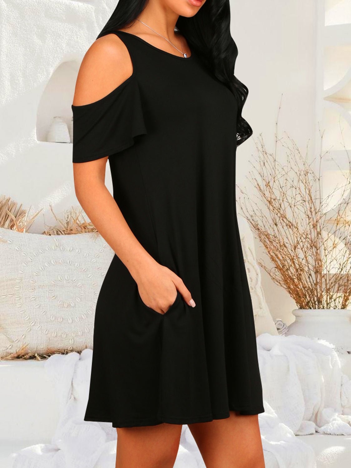 Round Neck Cold Shoulder Short Sleeve Dress - Luminous Bear