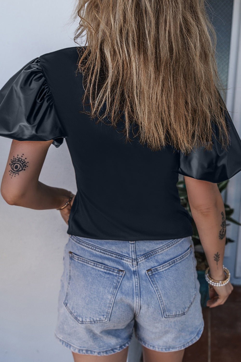 Round Neck Puff Sleeve Blouse - Luminous Bear