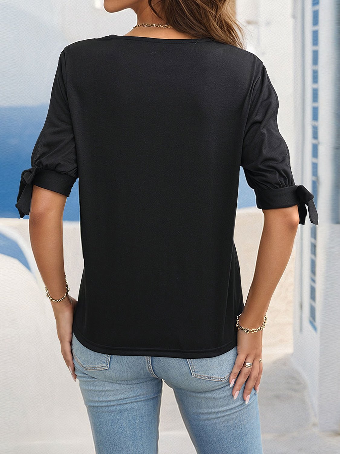 Round Neck Split Sleeve Blouse - Luminous Bear