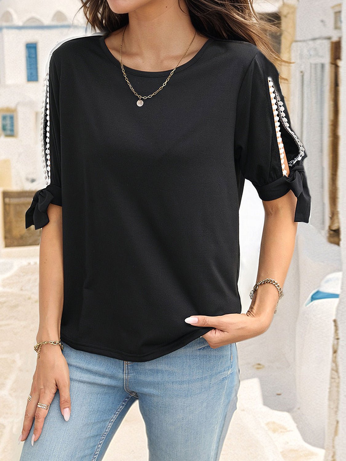 Round Neck Split Sleeve Blouse - Luminous Bear