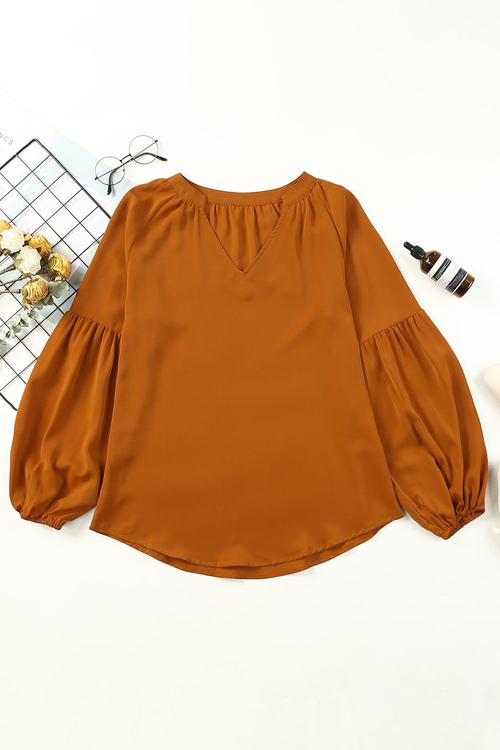 Ruched Notched Balloon Sleeve Blouse - Luminous Bear